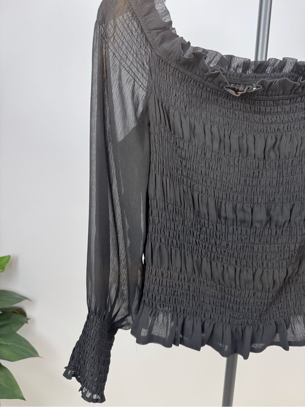 Express Black Smocked Off Shoulder Sheer Sleeve Blouse Top L - Picture 8 of 15